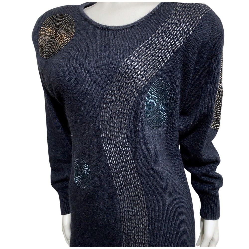 VTG I.B. Diffusion SILK ANGORA Beaded Sweater Dress P Black Midi Bodycon 80s